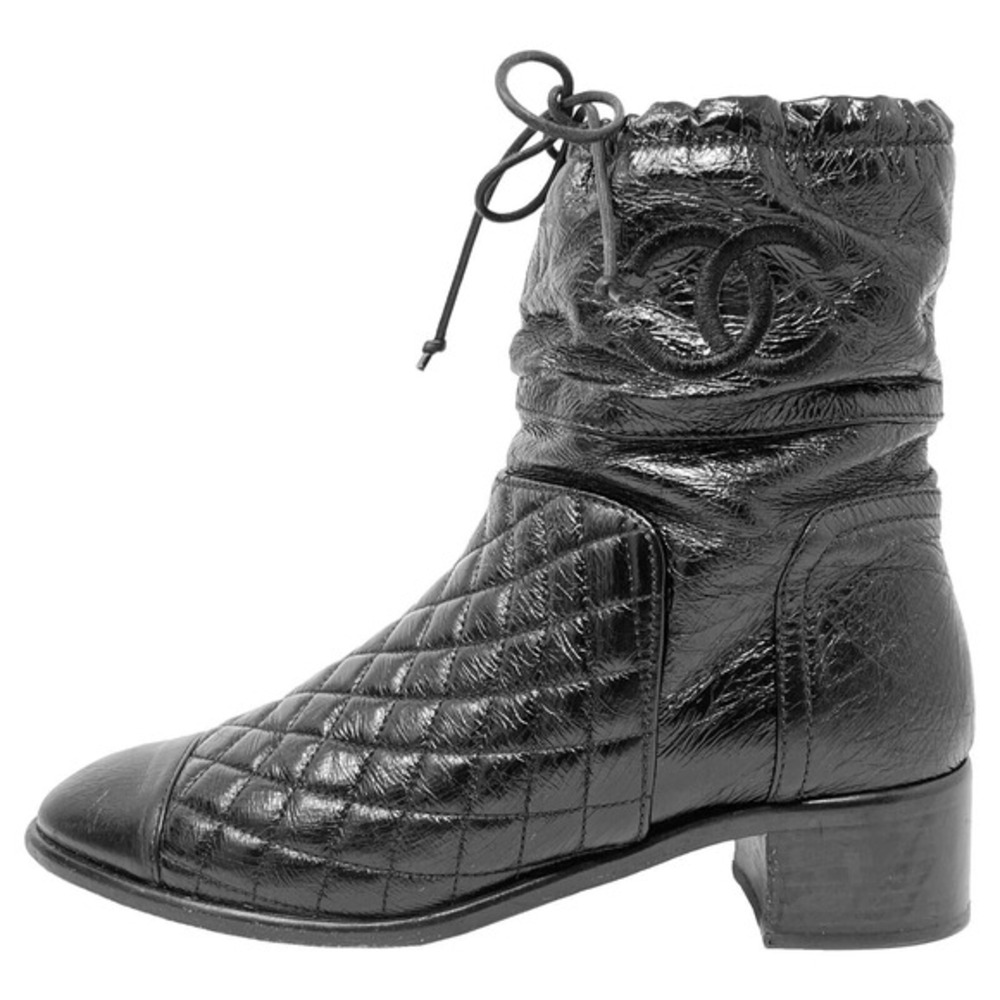 Chanel Black Quilted Patent Leather Logo Mid Calf Boots 40
